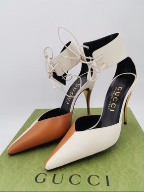 Gucci Two-Tone Pointed Lace-Up Stiletto Heels in White and Brown